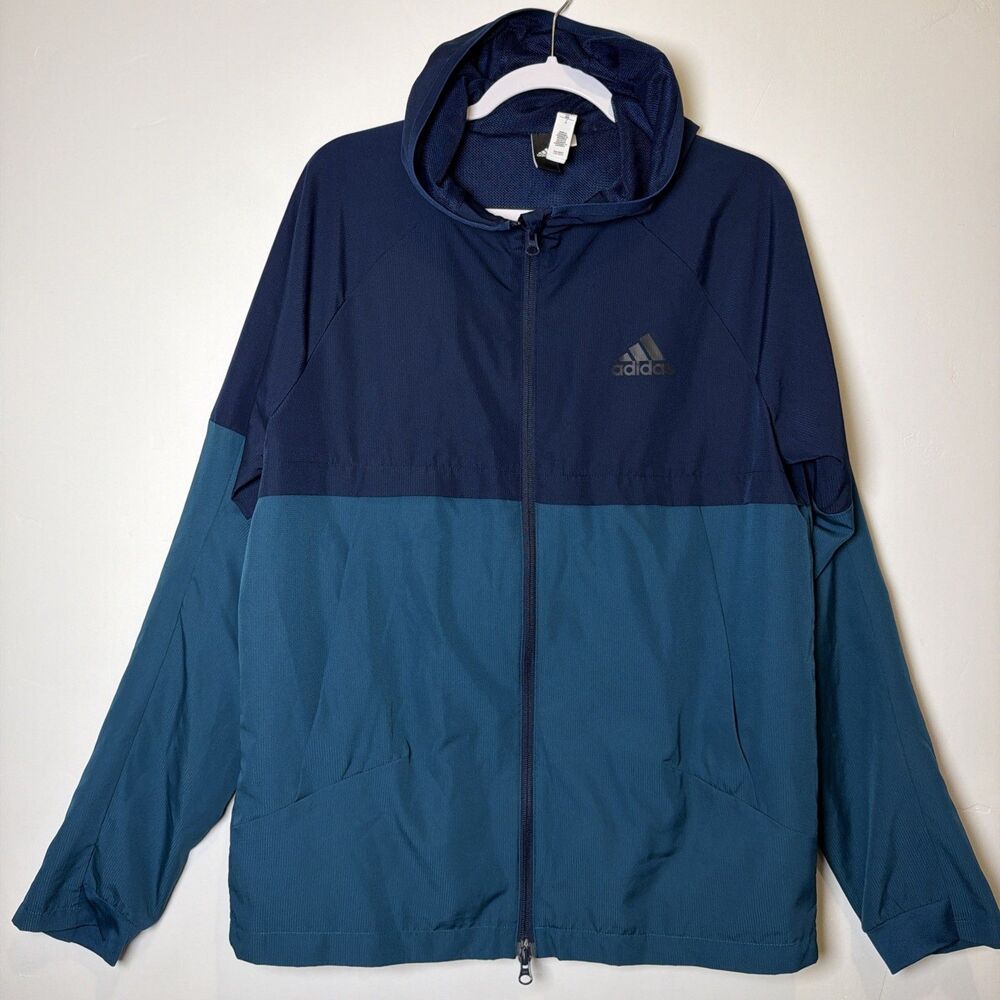 Adidas Windbreaker Full Zip Jacket size M Hooded Pockets Colorblock Blue & Teal